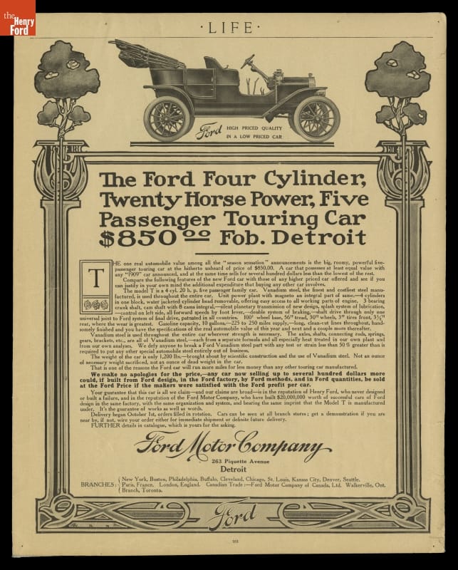 Advertisement for the 1909 Ford Model T, Page with text and image of car at top