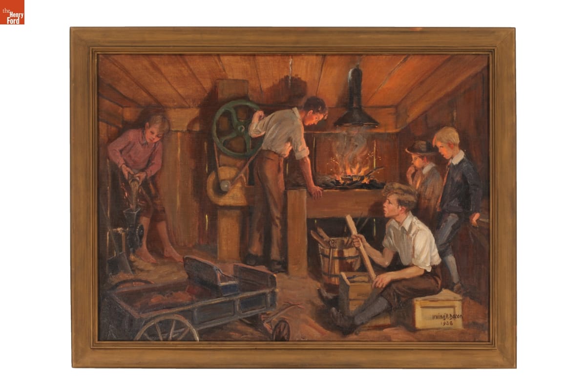 Young Henry Ford and Companions in a Workshop, by Irving Bacon, 1938 Framed painting of a number of boys working with wood, machinery, and fire