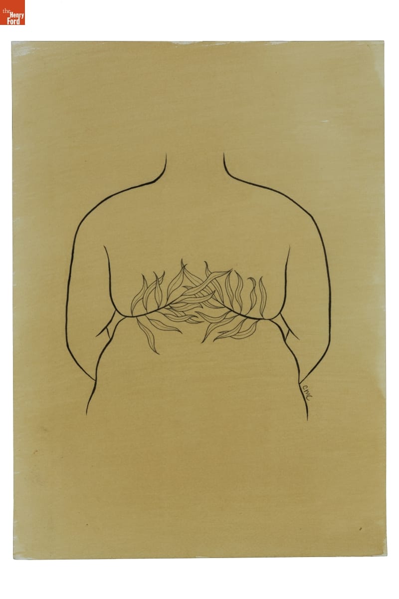 Line drawing of partial silhouette of body with botanical design drawn on it