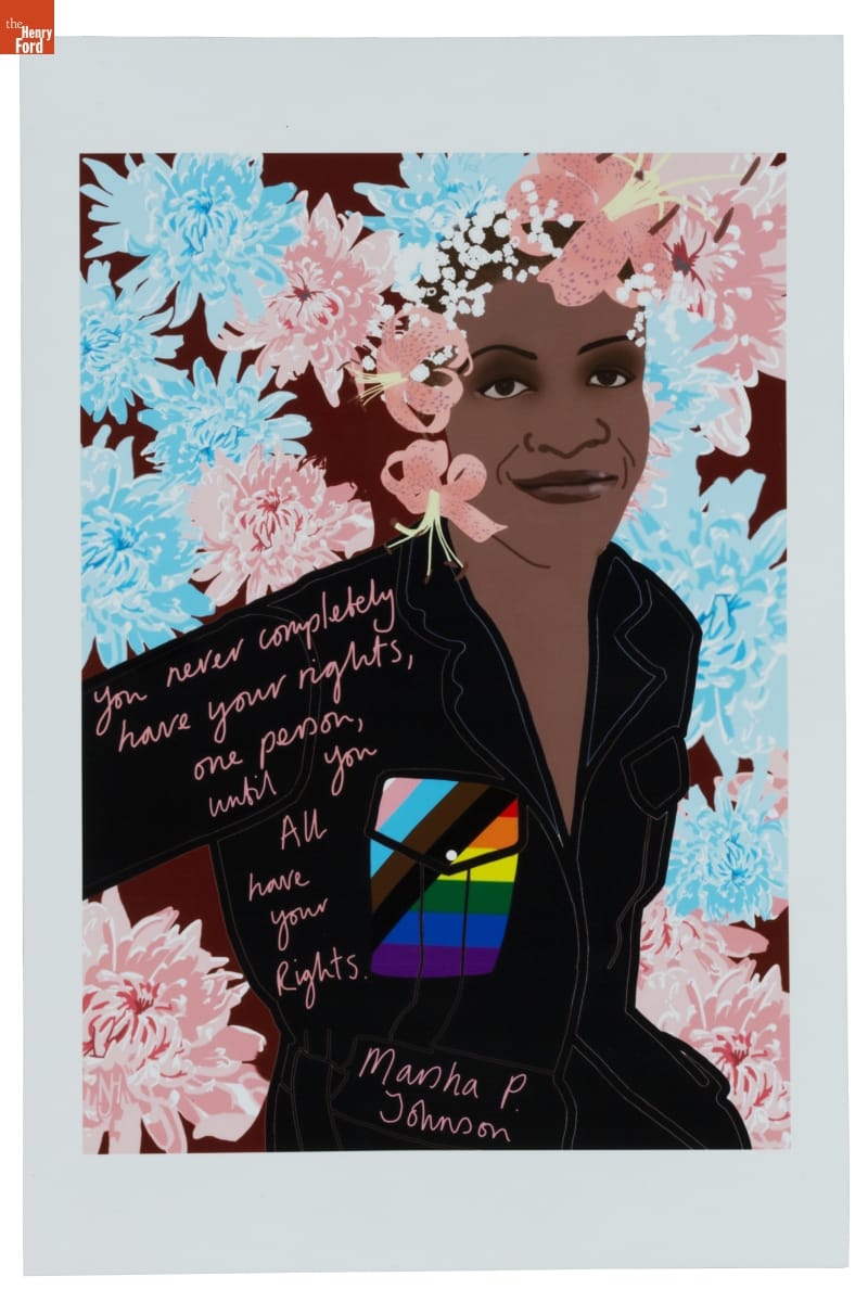 Poster with illustration of person wearing black jacket with rainbow pocket among blue and pink flowers; also contains text