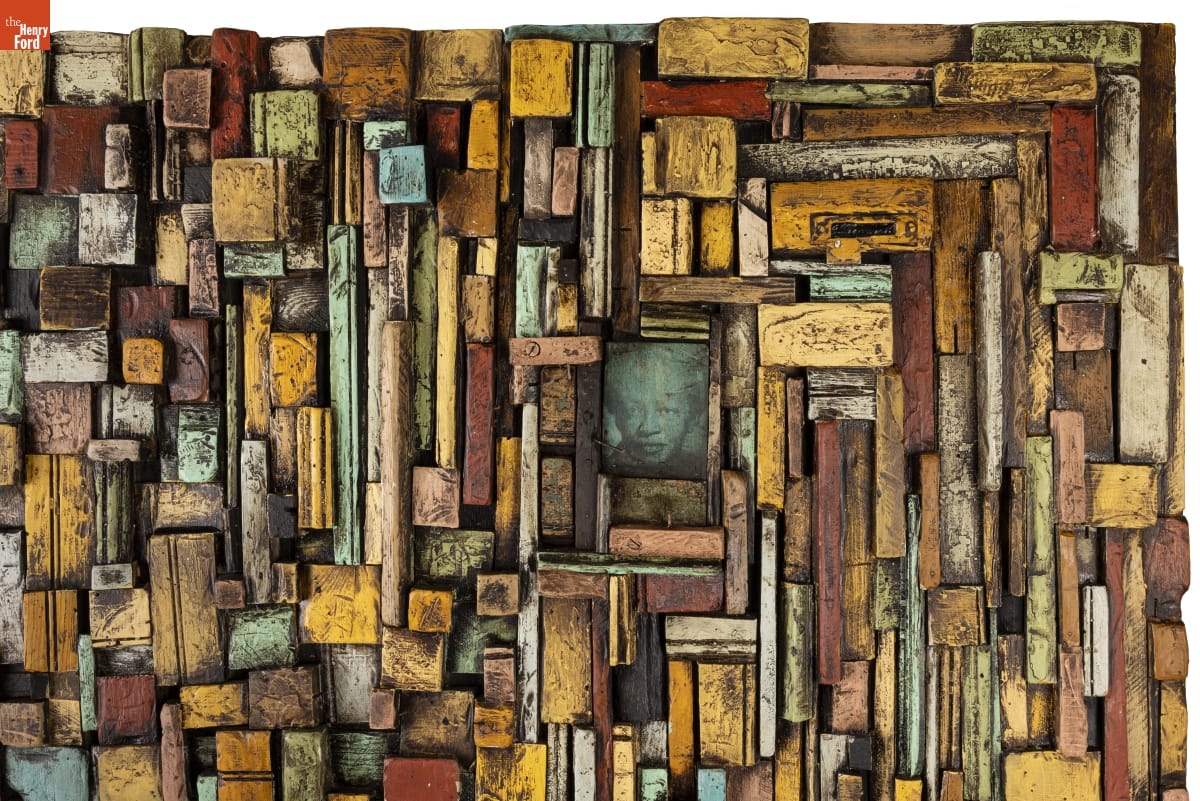 Detail from A Wooden Quilt for Big Mama, featuring a portrait of Laura Agnew, the artist's great-grandmother