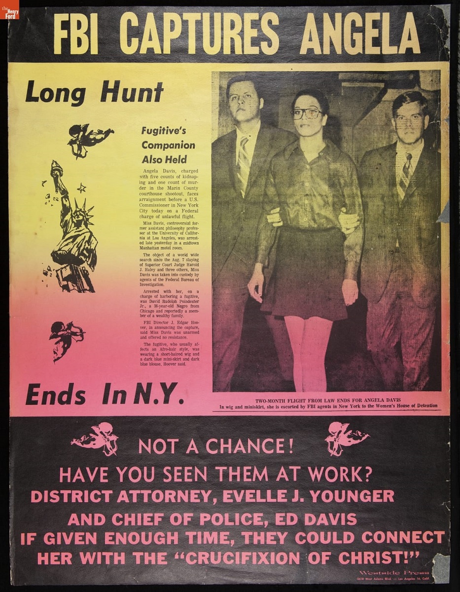 Print with background colors shading from yellow to pink, text, and image of woman being held by each arm by men in suits