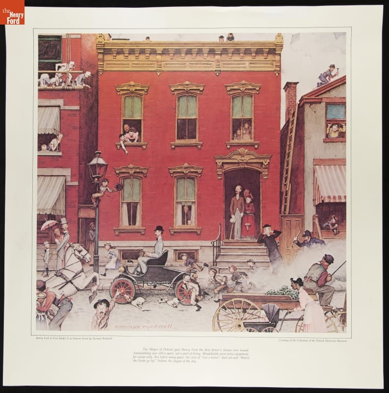 Print Showing Norman Rockwell's Street scene with man in early, open car; also contains text