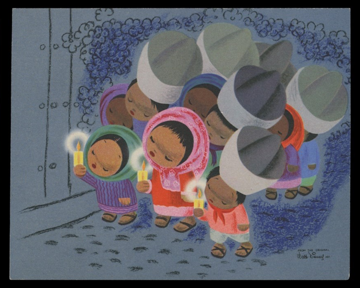 Christmas card, 1945. Procession of Children with Candles. Los Posadas. Artwork by Mary Blair from the Walt Disney Film The Three Caballeros.